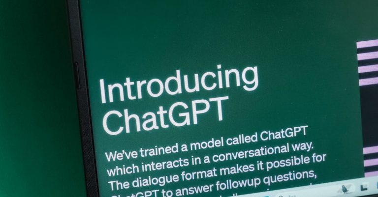 Laptop screen displaying the introductory page of ChatGPT on OpenAI's website.